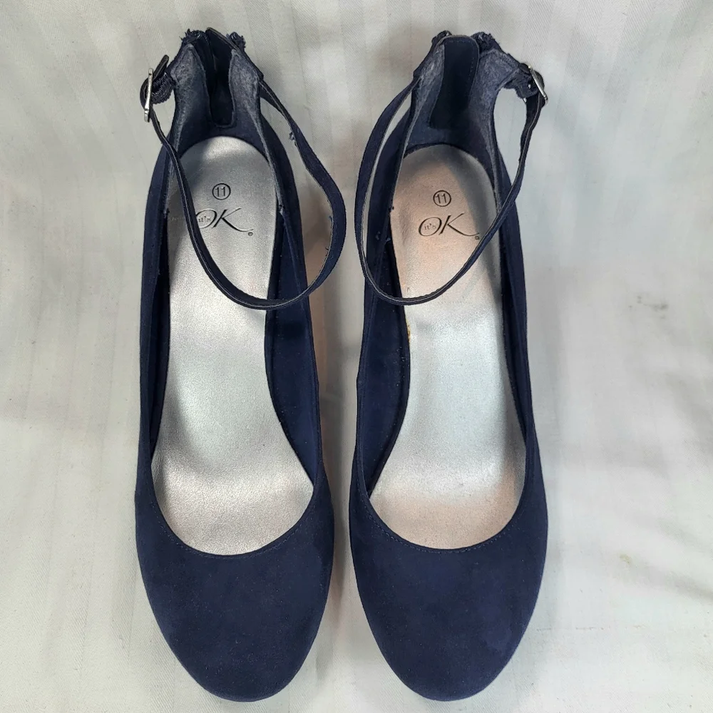 It's Ok Amal Blue SHOES Womens Size 11 Wedge Heels Strapped Ankle Zip Closed Toe